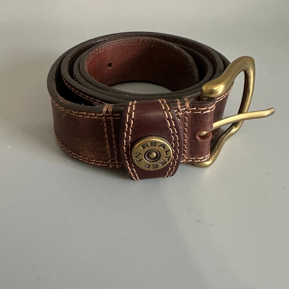 Realtree Mens Brown Genuine Leather Belt Brass Buckle Size 42 Outdoor Hunting